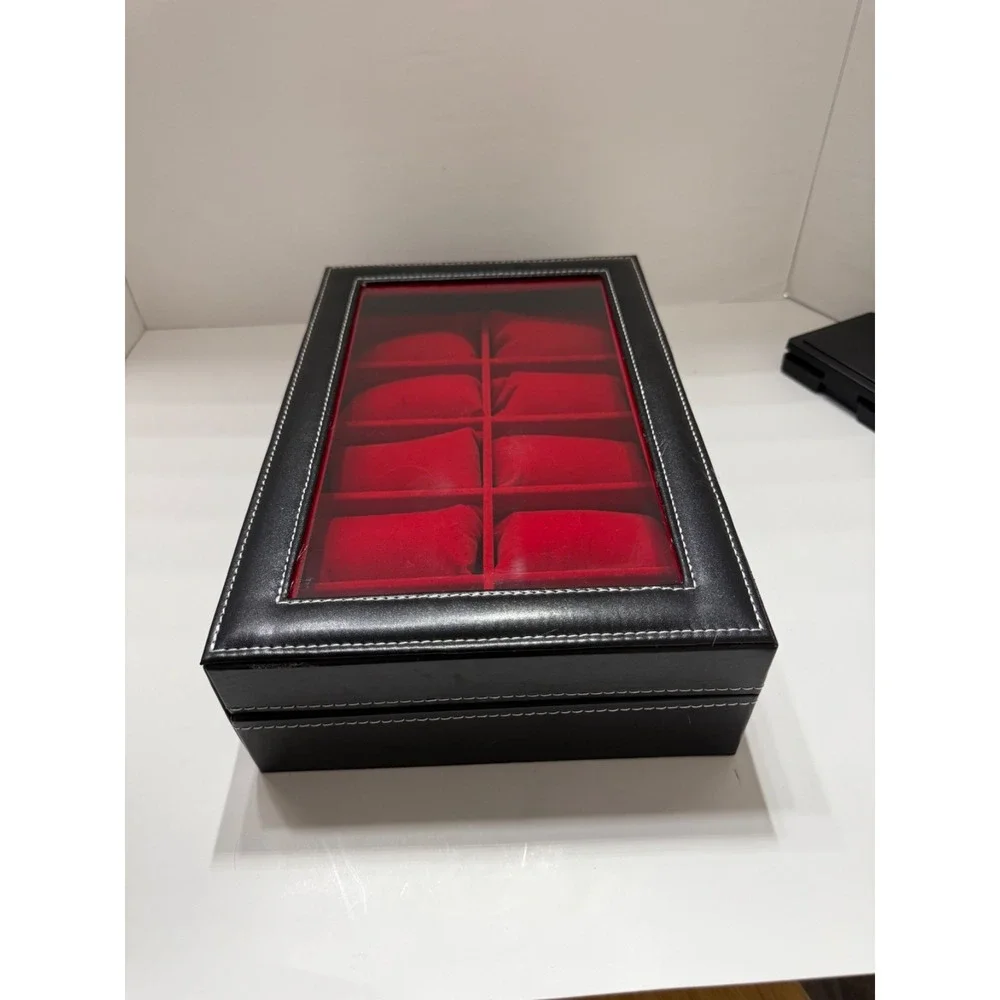 Watch Box, 12-Slot Watch Case Organizer with Large Glass Lid, Removable Pillows